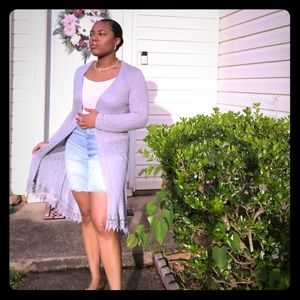 Blue/Grey Muted Long-Sleeved Lace-Trim Cardigan